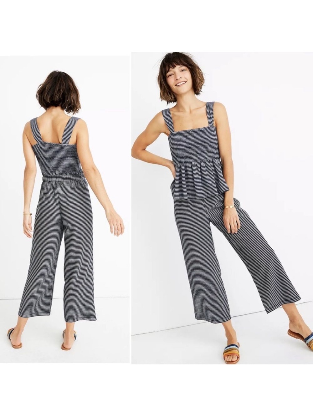 Madewell Texture & Thread Navy & White Striped Smocked Peplum Top and Pants, M